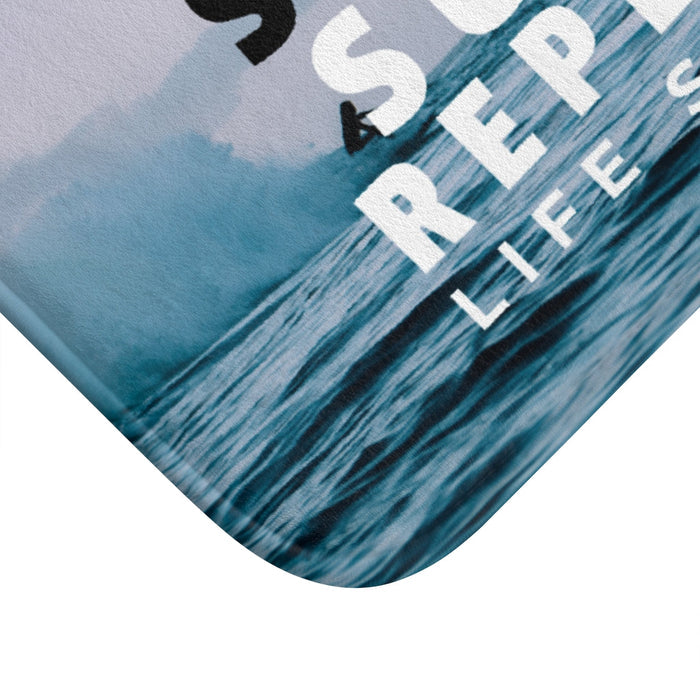 Surf, Sleep, Eat, and Repeat Bath Mat: blue, teal surfing/ocean theme, minimal surf lifestyle graphic style