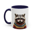 Sweater-Clad Raccoon Blush Coffee Tea Mug: white, dark navy blue raccoon, cartoon style