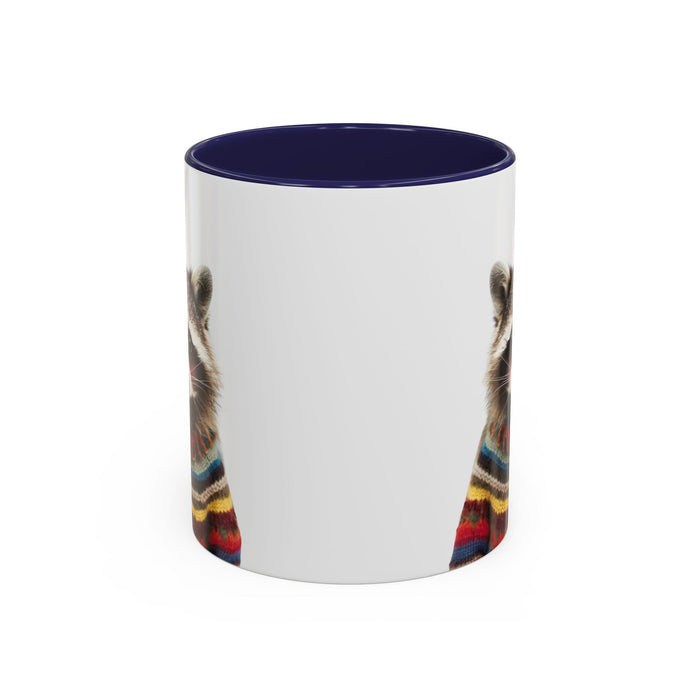 Sweater-Clad Raccoon Blush Coffee Tea Mug: white, dark navy blue raccoon, cartoon style