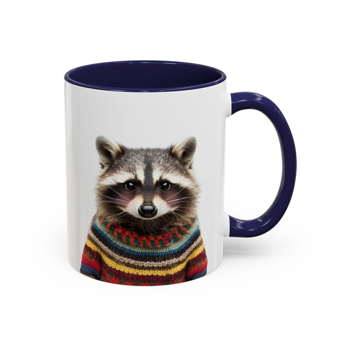 Sweater-Clad Raccoon Blush Coffee Tea Mug: white, dark navy blue raccoon, cartoon style