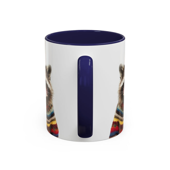 Sweater-Clad Raccoon Blush Coffee Tea Mug: white, dark navy blue raccoon, cartoon style