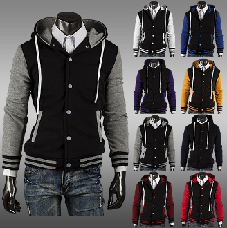 Sweatshirt featuring Different Colored Sleeves: black, gray hooded varsity-style jacket, casual sporty varsity style