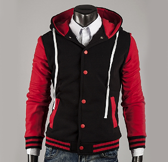 Sweatshirt featuring Different Colored Sleeves: black, gray hooded varsity-style jacket, casual sporty varsity style