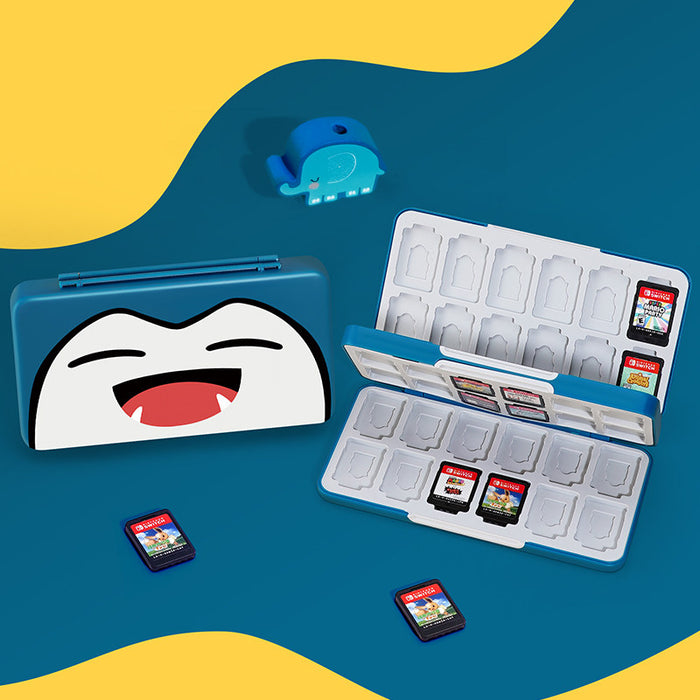 Switch Game Cartridge Case with Protection: teal blue, white game card storage case with small game cards, cartoon style