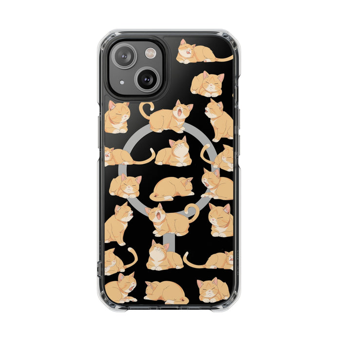 Tabby Feline Design Magnetic Case for iPhone 14 and 15 Series: black, orange orange cats, cartoon kawaii style
