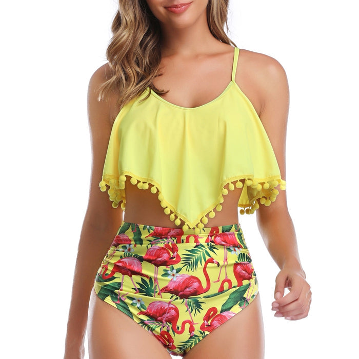 Tankini Set with Yellow Flamingo Print: yellow, pink flamingo tropical print, bright tropical style