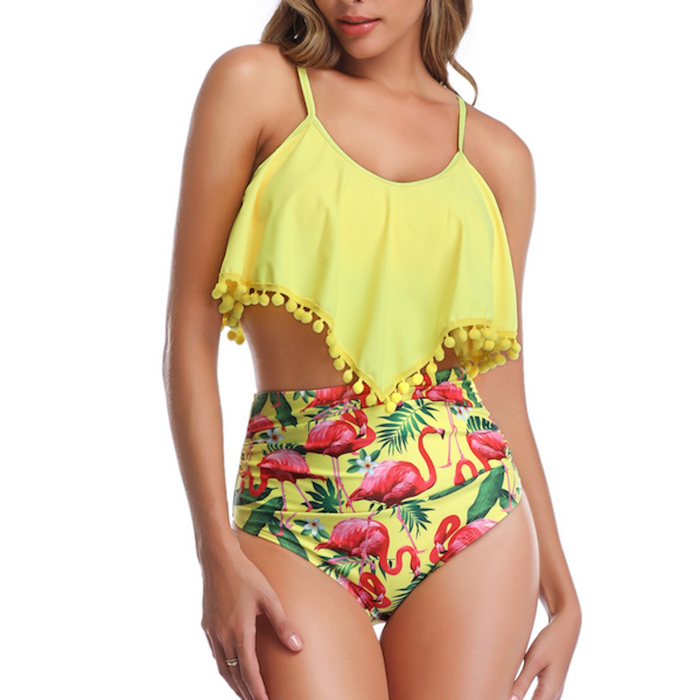Tankini Set with Yellow Flamingo Print: yellow, pink flamingo tropical print, bright tropical style