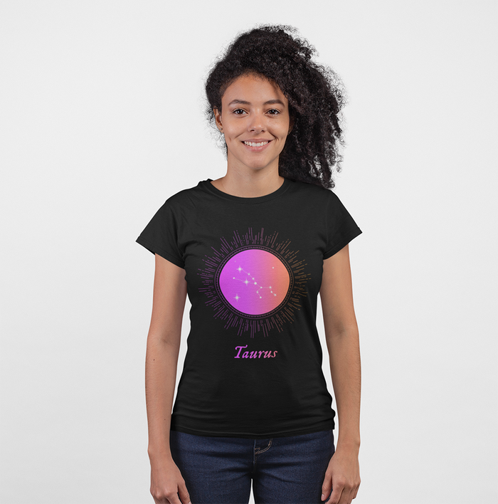 Taurus Women's Zodiac Gradient Tee: black, purple Taurus zodiac sign, zodiac-themed graphic style