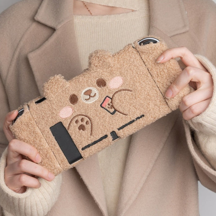 Teddy Bear Plush Switch Case with Optional Grips: light brown, beige bear character, kawaii cartoon style
