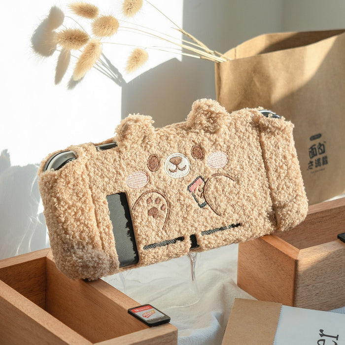 Teddy Bear Plush Switch Case with Optional Grips: light brown, beige bear character, kawaii cartoon style