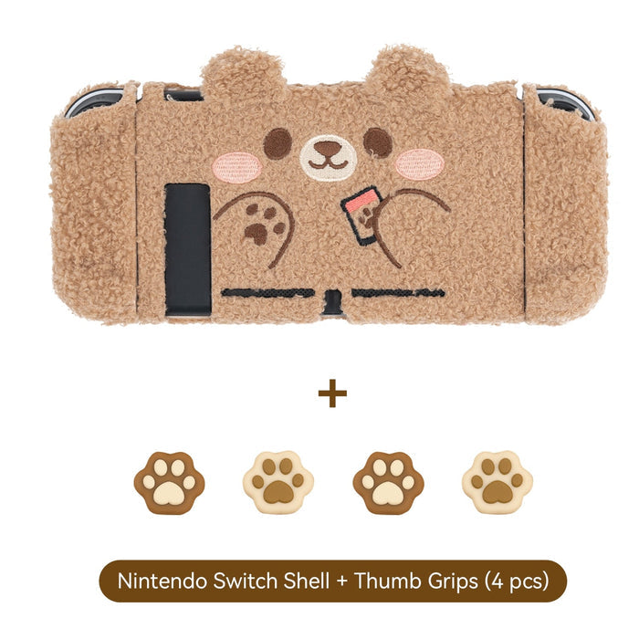 Teddy Bear Plush Switch Case with Optional Grips: light brown, beige bear character, kawaii cartoon style