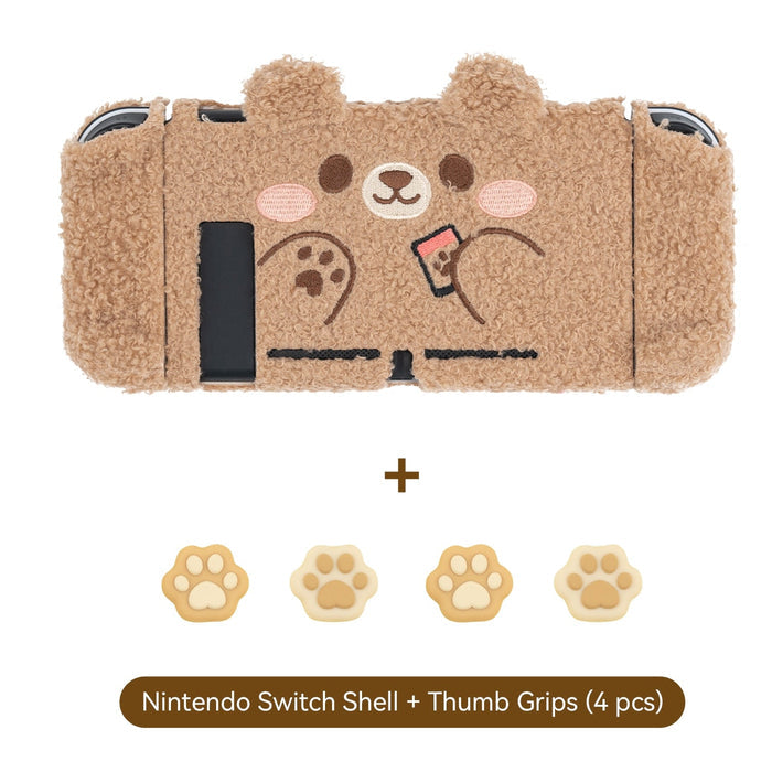 Teddy Bear Plush Switch Case with Optional Grips: light brown, beige bear character, kawaii cartoon style