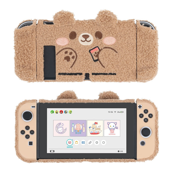 Teddy Bear Plush Switch Case with Optional Grips: light brown, beige bear character, kawaii cartoon style