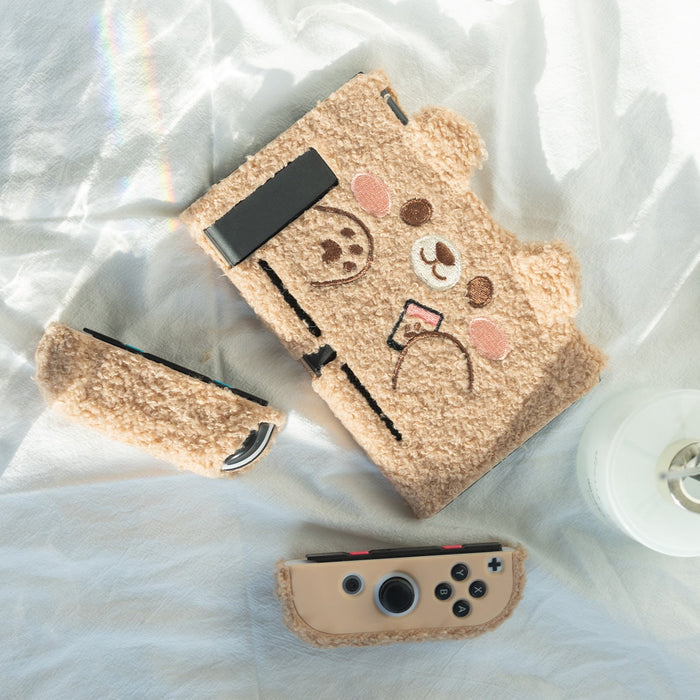 Teddy Bear Plush Switch Case with Optional Grips: light brown, beige bear character, kawaii cartoon style