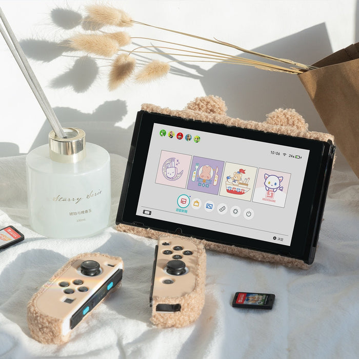 Teddy Bear Plush Switch Case with Optional Grips: light brown, beige bear character, kawaii cartoon style