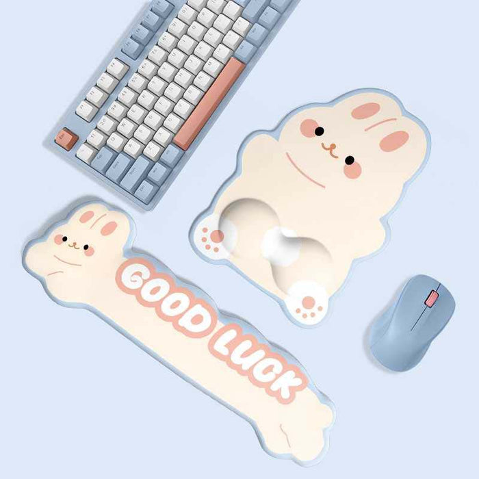 The Rabbit Keyboard Wrist Rest & Mousepad: light blue, white cute white rabbit character, kawaii cartoon style