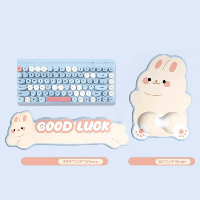 The Rabbit Keyboard Wrist Rest & Mousepad: light blue, white cute white rabbit character, kawaii cartoon style