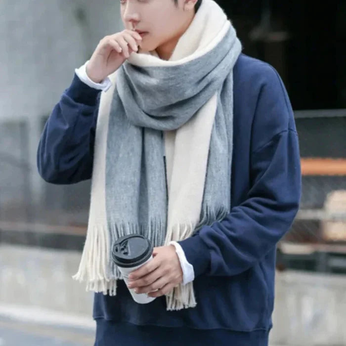 Thick Dual-Toned Men's Scarf: gray, cream white scarf, minimal style