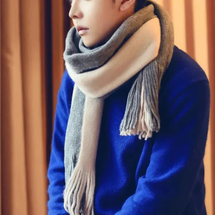 Thick Dual-Toned Men's Scarf: gray, cream white scarf, minimal style
