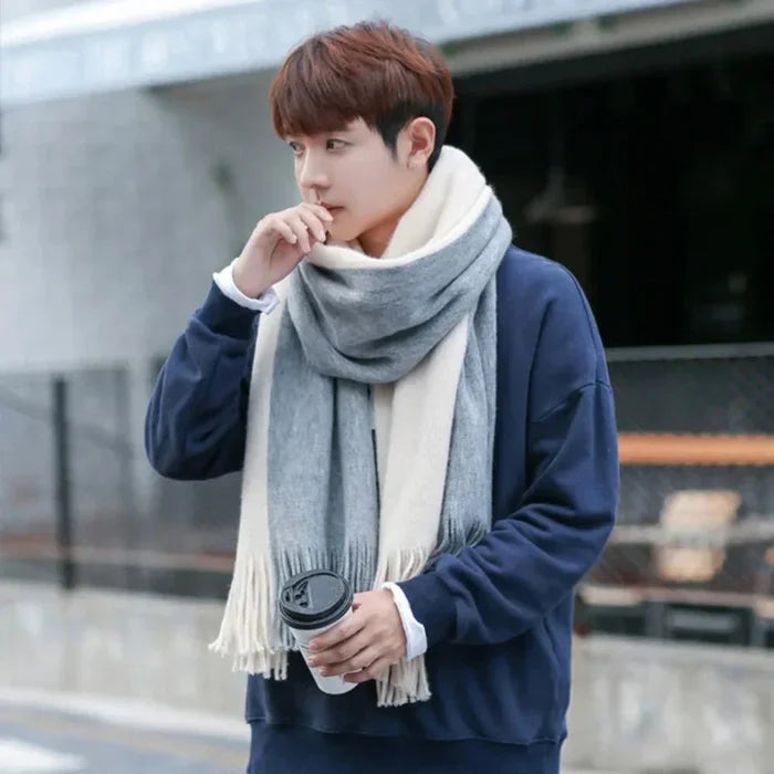 Thick Dual-Toned Men's Scarf: gray, cream white scarf, minimal style