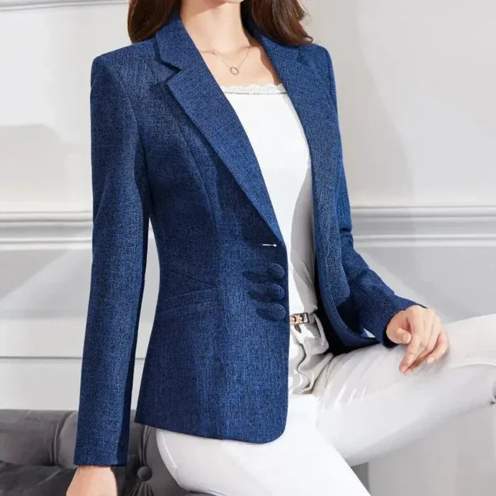 Three-Button Women's Blazer for a Sophisticated Business Casual Look: dark blue, white blazer jacket, tailored, formal style