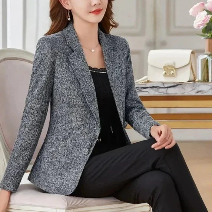 Three-Button Women's Blazer for a Sophisticated Business Casual Look: dark blue, white blazer jacket, tailored, formal style