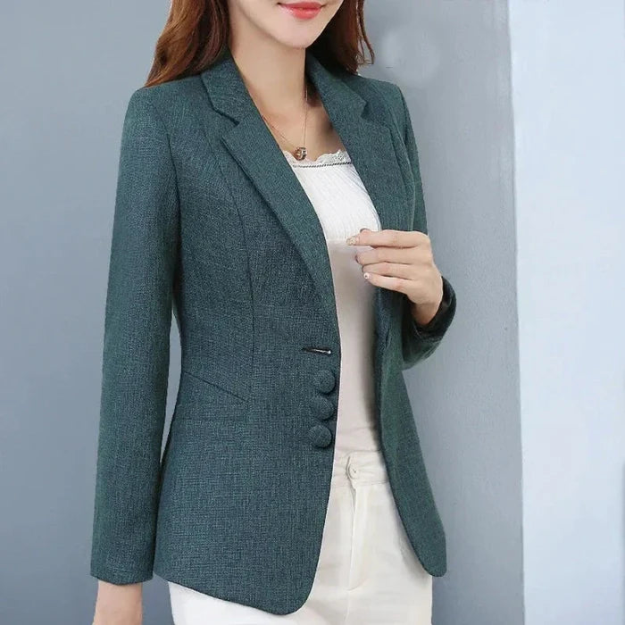 Three-Button Women's Blazer for a Sophisticated Business Casual Look: dark blue, white blazer jacket, tailored, formal style