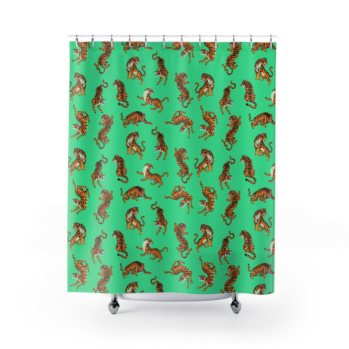 Tiger Decorative Shower Curtains: bright green, orange tigers, cartoon style