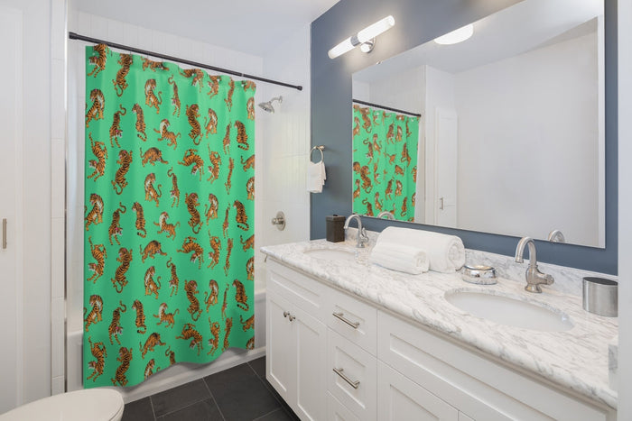 Tiger Decorative Shower Curtains: bright green, orange tigers, cartoon style