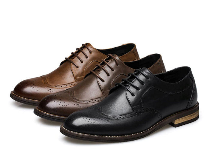 Timeless Brogue Style Men's Oxford Shoes: dark brown, black lace-up dress shoes, classic formal style