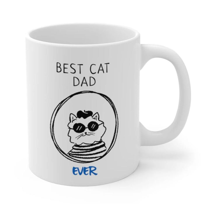 Top Cat Father Mug: white, black cat dad theme, cartoon, minimal style