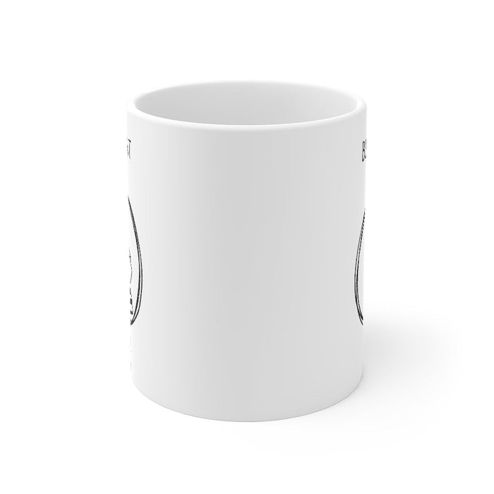 Top Cat Father Mug: white, black cat dad theme, cartoon, minimal style