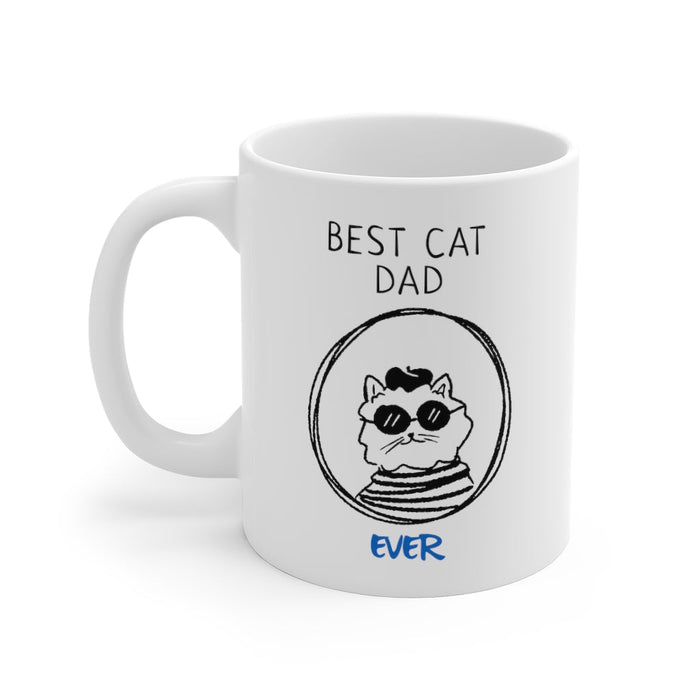 Top Cat Father Mug: white, black cat dad theme, cartoon, minimal style