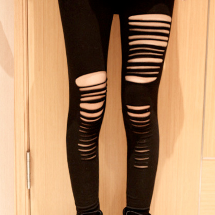 Torn Leggings: black, skin-tone visible through rips ripped leggings, edgy punk style