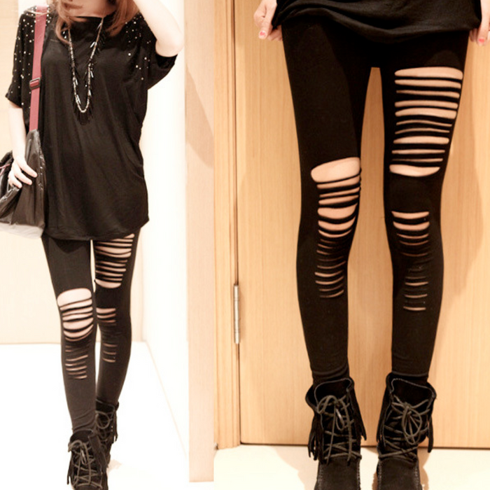 Torn Leggings: black, skin-tone visible through rips ripped leggings, edgy punk style