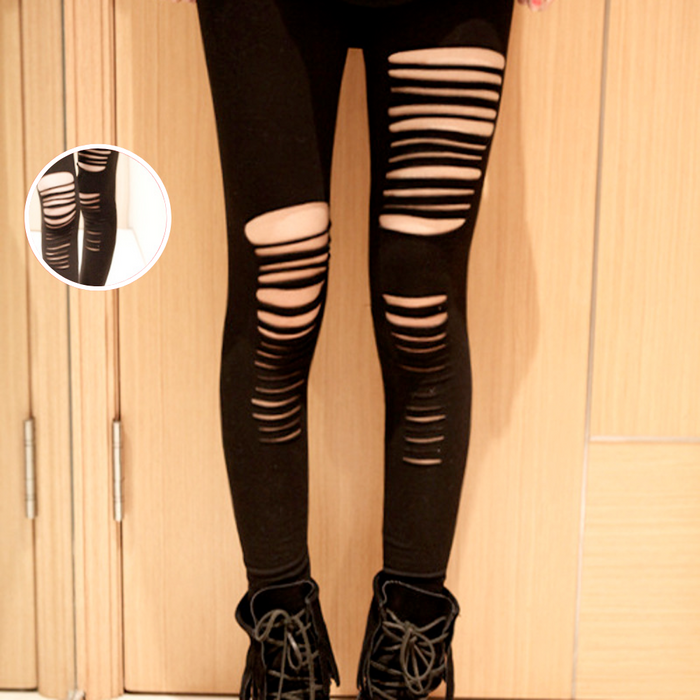 Torn Leggings: black, skin-tone visible through rips ripped leggings, edgy punk style