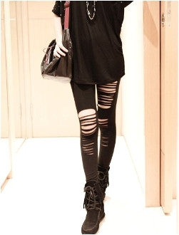 Torn Leggings: black, skin-tone visible through rips ripped leggings, edgy punk style
