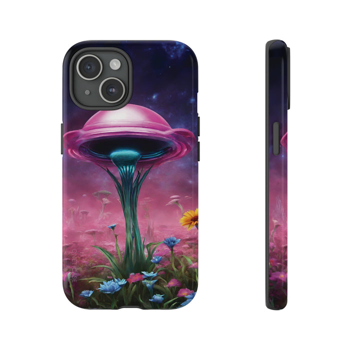 Tough Cases with Cosmic Blossom Blend: dark navy, purple fantasy mushroom landscape, fantasy surreal illustration style