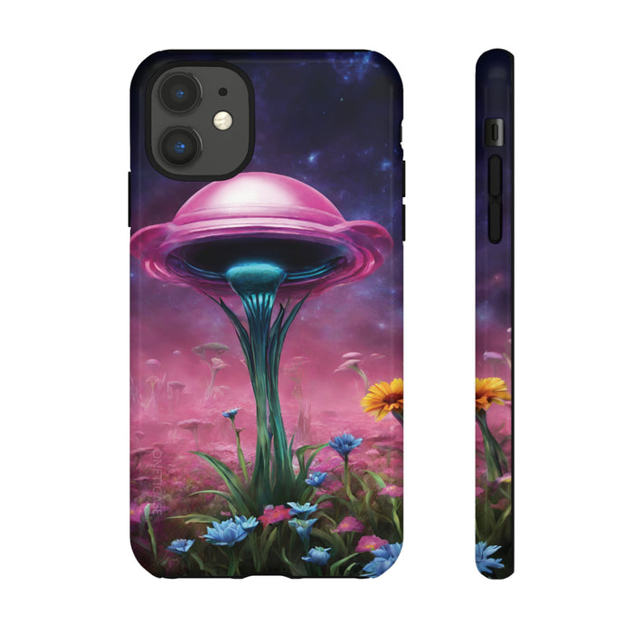 Tough Cases with Cosmic Blossom Blend: dark navy, purple fantasy mushroom landscape, fantasy surreal illustration style