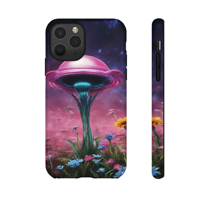Tough Cases with Cosmic Blossom Blend: dark navy, purple fantasy mushroom landscape, fantasy surreal illustration style