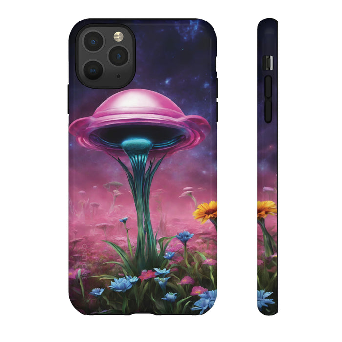 Tough Cases with Cosmic Blossom Blend: dark navy, purple fantasy mushroom landscape, fantasy surreal illustration style