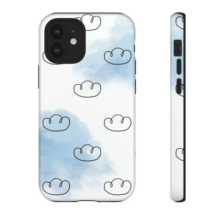 Tough iPhone Case, Cloud Drifter: white, light blue cloud theme, minimal cartoon style