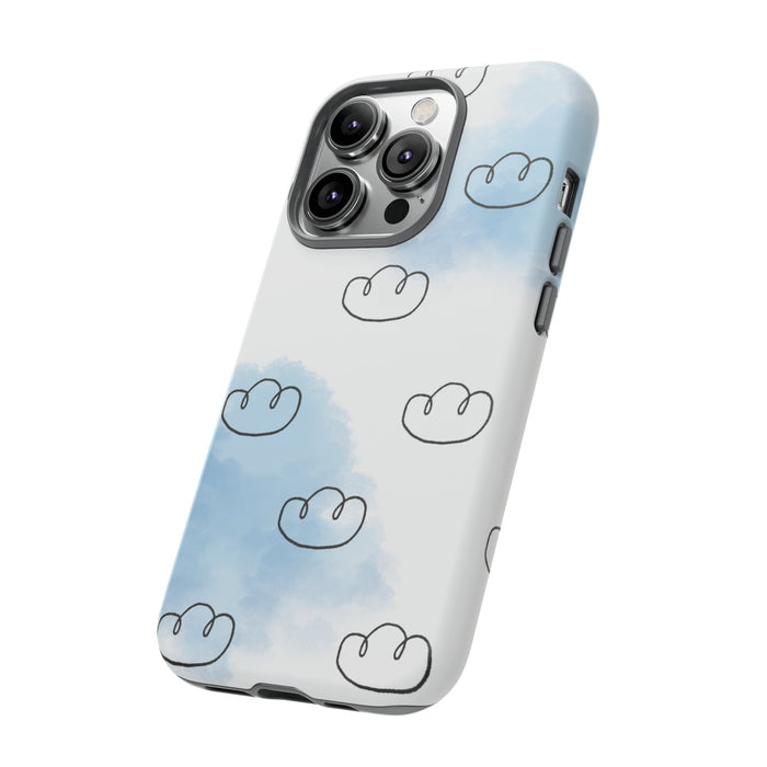 Tough iPhone Case, Cloud Drifter: white, light blue cloud theme, minimal cartoon style