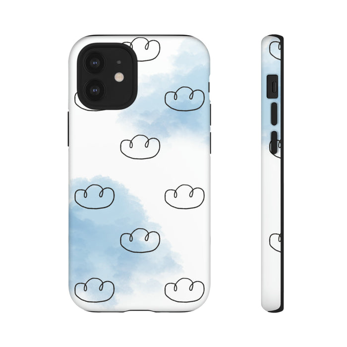 Tough iPhone Case, Cloud Drifter: white, light blue cloud theme, minimal cartoon style