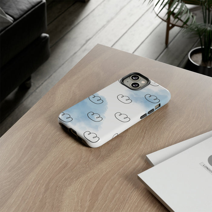 Tough iPhone Case, Cloud Drifter: white, light blue cloud theme, minimal cartoon style