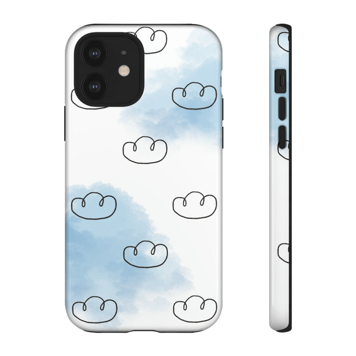 Tough iPhone Case, Cloud Drifter: white, light blue cloud theme, minimal cartoon style