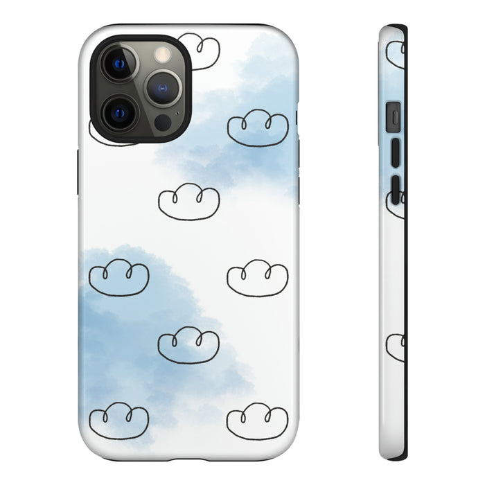 Tough iPhone Case, Cloud Drifter: white, light blue cloud theme, minimal cartoon style