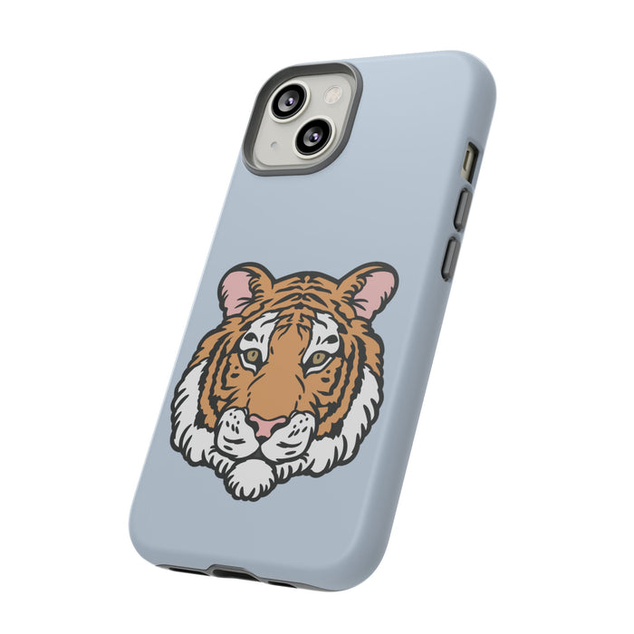 Tough iPhone Case with a Striking Tiger Logo: light blue, orange tiger, cartoon style