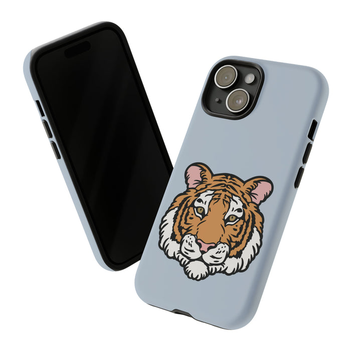 Tough iPhone Case with a Striking Tiger Logo: light blue, orange tiger, cartoon style