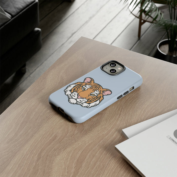 Tough iPhone Case with a Striking Tiger Logo: light blue, orange tiger, cartoon style